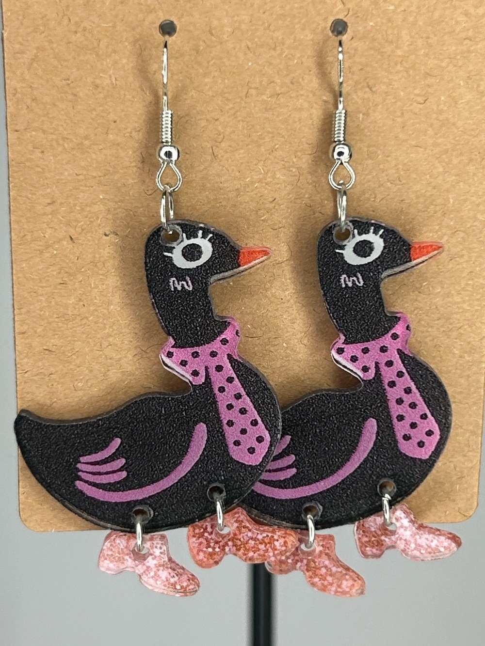 Black & Pink Duck Earrings Farm Fashion Jewelry Country Farm Style